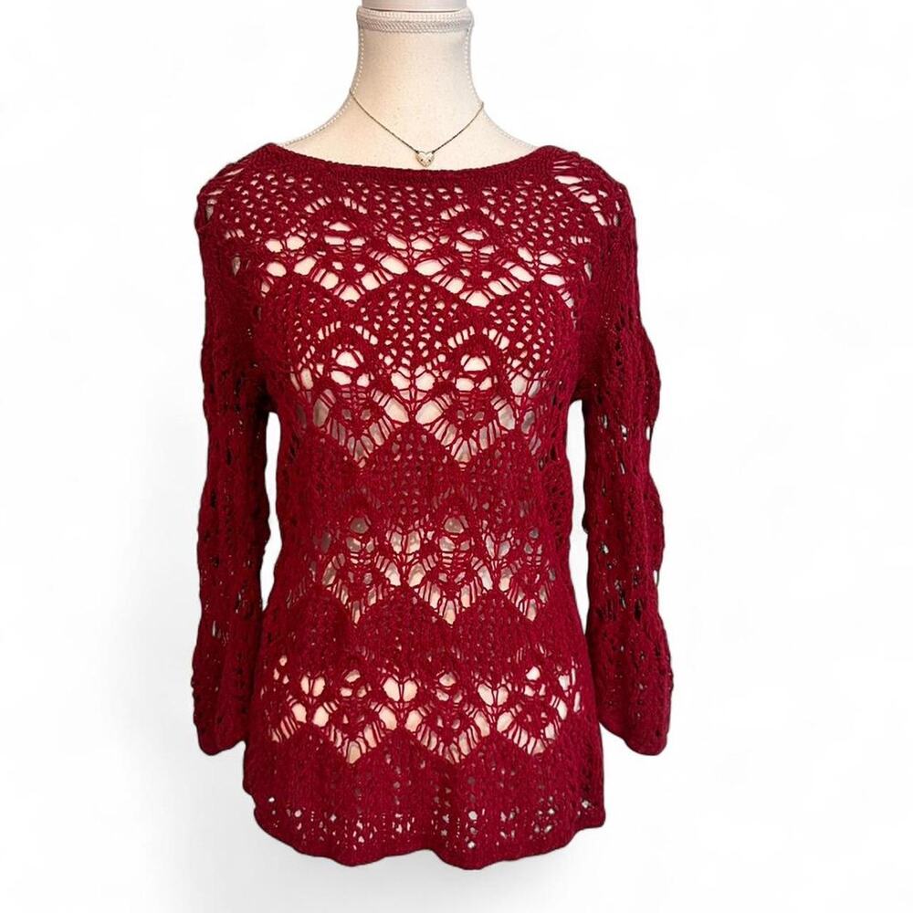 Red Y2K - Boho Crotchet Layering 3/4 Sleeves Top Size Medium Casual - Bella Swan